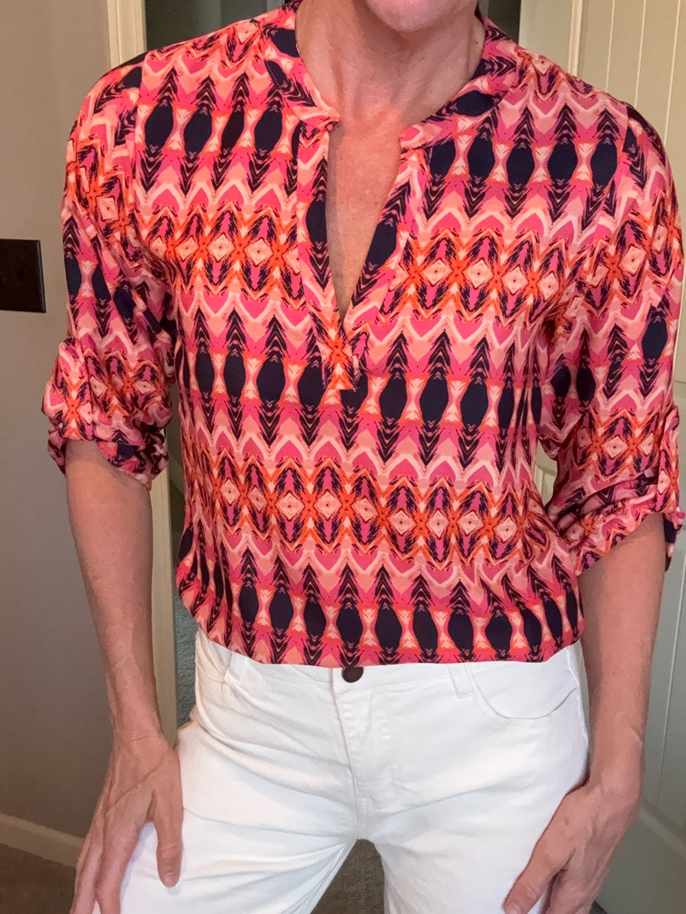 Collective Concepts Pink Orange and Navy Printed Blouse
